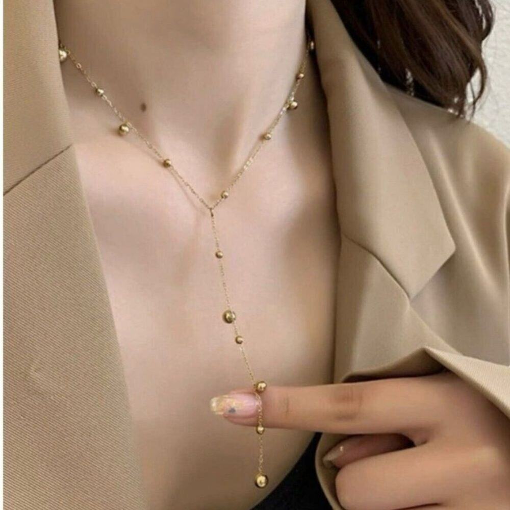 18K Gold Plated Dainty Beaded Y Lariat Necklace - Picture 2 of 11